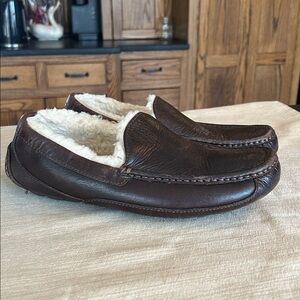 Ugg Ascot Slipper Mens Size 9 Brown‎ Leather Slip On Shearling Lined